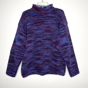 Purple Blue Hand Knit 100% Wool Mock Neck Sweater Grandpa Grandma Core Artisanal